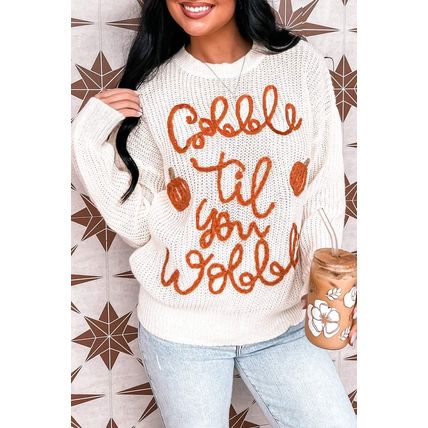 White Gobble Til You Wobble Pop Up Crochet Plus Size Sweater