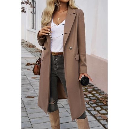 Dark Khaki Single Breasted Lapel Collar Flap Pocketed Overcoat