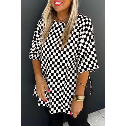 Black Checkered Print Side Slits O Neck Plus Size T Shirt