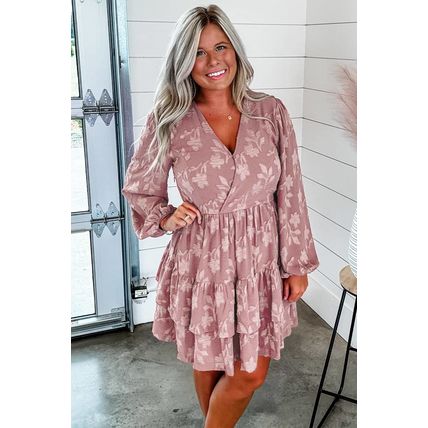 Peach Blossom Floral Surplice V Neck Tiered Ruffled Plus Size Dress