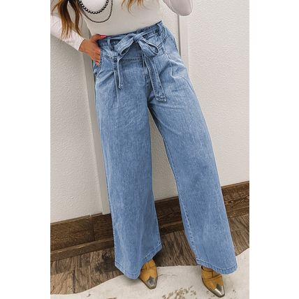 Beau Blue Western Washed Bow Knot Sash Wide Leg Jeans