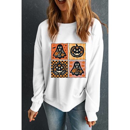 White Halloween Ghost Pumpkin Face Floral Checkered Graphic Sweatshirt