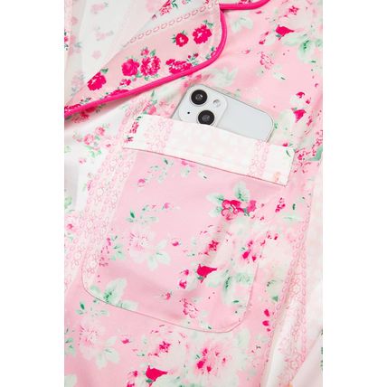 Pink Mixed Floral Print Contrast Piping Trim Satin Tie 2pcs Pajama Set