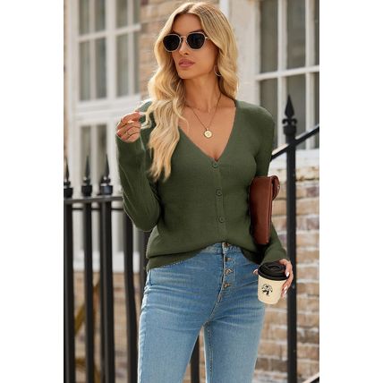 Moss Green Lightweight Ribbed Knit Button Front V Neck Cardigan