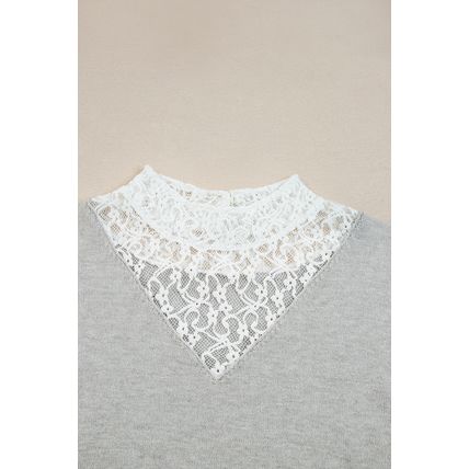 Light Grey Button Keyhole Lace Patchwork Drop Shoulder Sweater