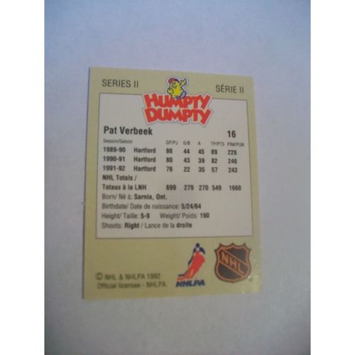 PAT VERBEEK,HARTFORD WHALERS,HUMPTY DUMPTY POTATO CHIPS,1992,NHL HOCKEY