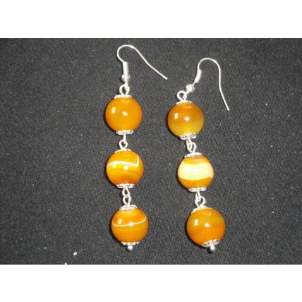 Impressive triple drop brown cream & white banded round agate earrings