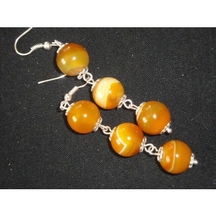 Impressive triple drop brown cream & white banded round agate earrings