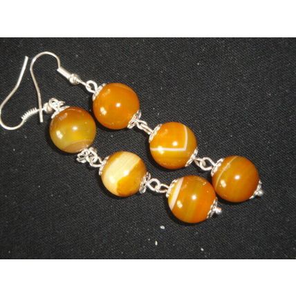 Impressive triple drop brown cream & white banded round agate earrings