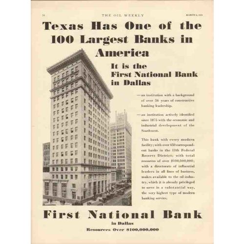 FIRST NATIONAL BANK DALLAS 1931 Texas largest banks America vintage ad