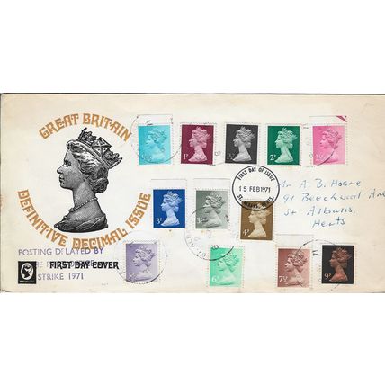 GB 1971 1st decimal Definitive set FDC St Albans pm with Posting Delayed etc