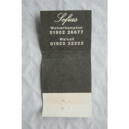 Matchbook cover Sofias Italian Restaurant, Wolverhampton & Walsall