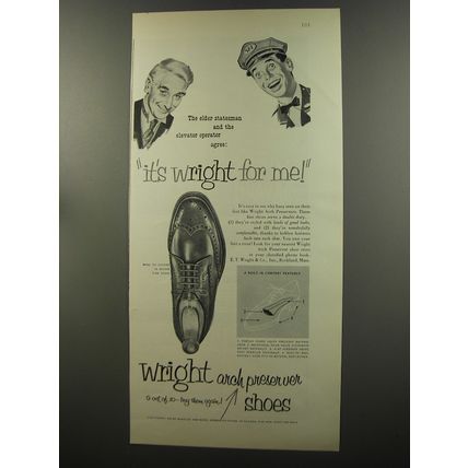 1953 Wright Shoes Ad - The elder statesman and the elevator operator agree