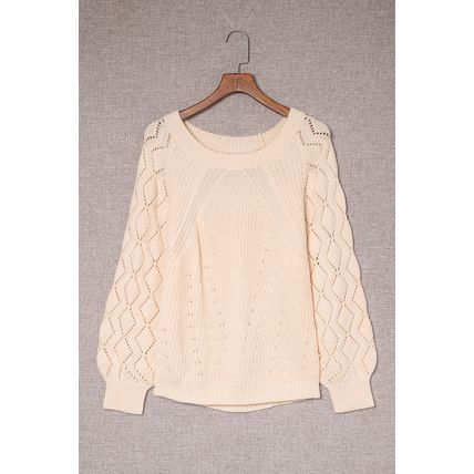 Beige Hollow-out Puffy Sleeve Knit Sweater