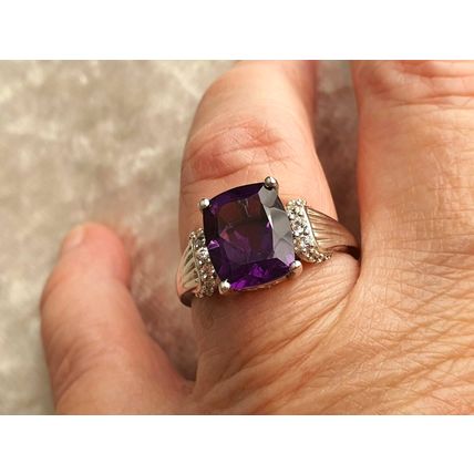 Lusaka Amethyst & White Zircon Solitaire Accents Ring Size R Platinum 925 Silver