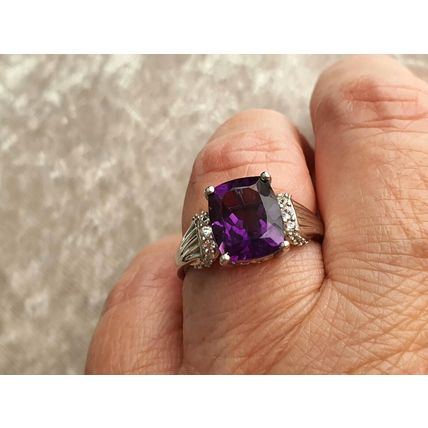 Lusaka Amethyst & White Zircon Solitaire Accents Ring Size R Platinum 925 Silver