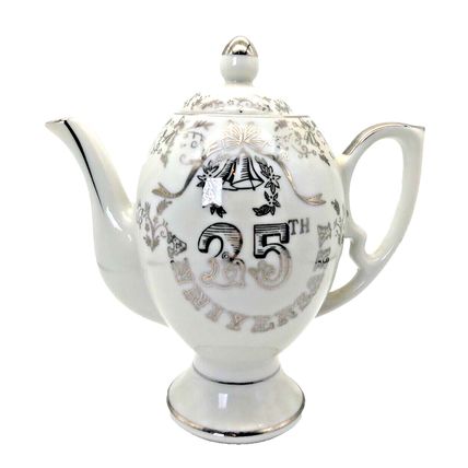 Vintage Tea Pot K-600 White Porcelain 25th Anniversary Floral Silver Trim Japan