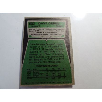 1975 Topps Football Card # 394 Dave Green VG-Ex (4) Cincinnati Bengals