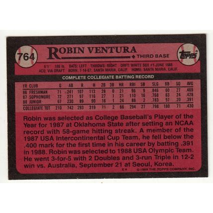 1989 Topps Robin Ventura rookie RC baseball card #764 – White Sox