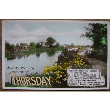 vintage postcard Hearty Greetings for Thursday