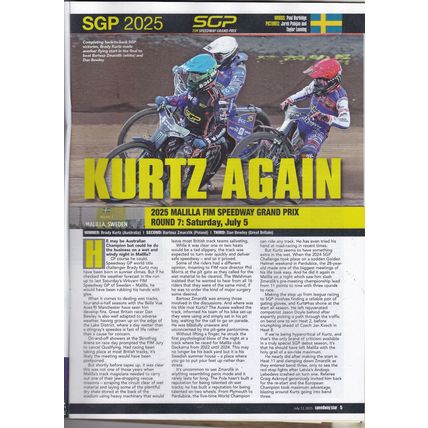 Speedway Star : July 12, 2025. Kurtz wins Malilla GP. Tom Brennan.