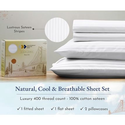 California Design Den Striped Queen Sheet Set - Soft 400 Thread Count Sateen, Na