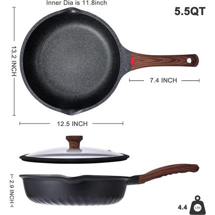 Vinchef Nonstick Deep Frying Pan Saute Pan with Lid, 12In/5.5Qt Fry Pan, German