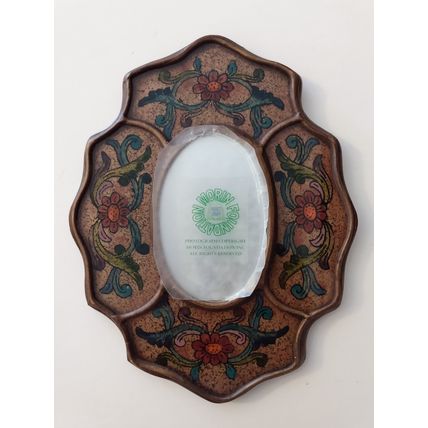 SMALL ORNATE HAND PAINTED WALL MIRROR RED FLOWERS GOLD BORDERS WOODEN BACK