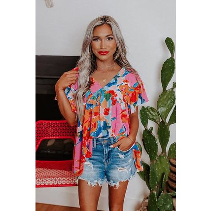 Pink Abstract Print V Neck Flutter Sleeve Blouse