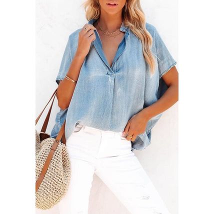 Sky Blue Split V Neck Oversized Denim Blouse