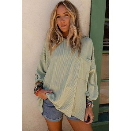 Green Ribbed Roll-tab Sleeve Chest Pocket Oversize Top