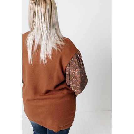 Brown Plus Size Printed Splicing Sleeve Ribbed Trim Sweater