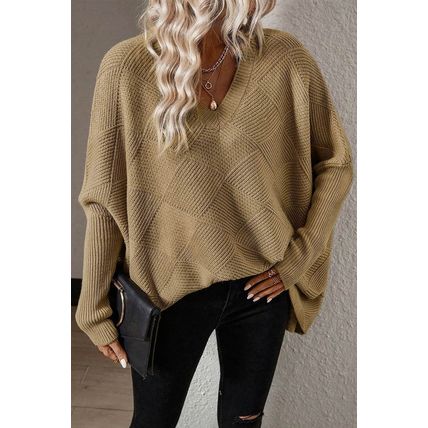 Camel Checkered Textured Batwing Sleeve Sweater
