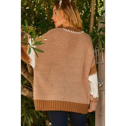 Light French Beige Color Block Contrast Stitch Oversized Sweater