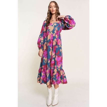 Multicolour Floral Print Square Neck Ruffled High Waist Dress