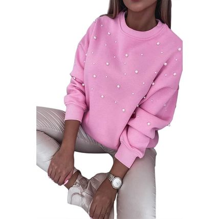 Bonbon Pearl Detail Ribbed Crew Neck Sweatshirt