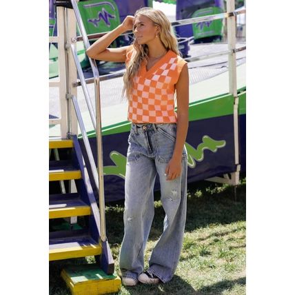Russet Orange Checkered V Neck Knitted Sweater Vest