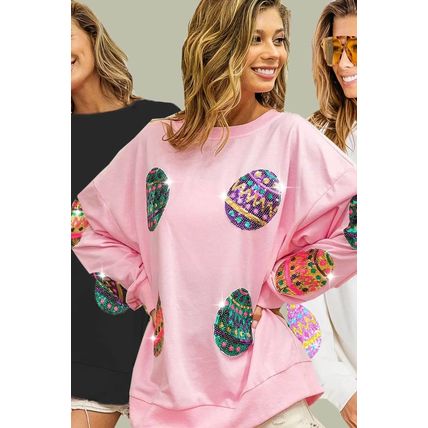 Pink Sequined Easter Egg Drop Shoulder Oversized Sweatshirt
