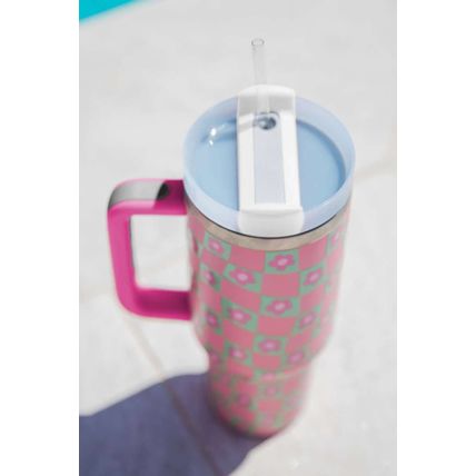 Bright Pink Flower Checkered Pattern Cup with Straw 40oz