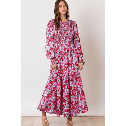 Sky Blue Floral Print Smocked Lantern Sleeve Tiered Maxi Dress