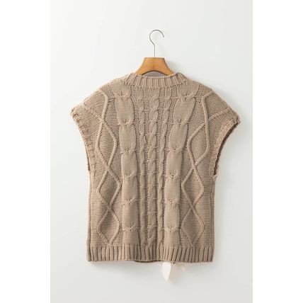 Simply Taupe Cable Knit Colorblock Satin Bowknot Short Sleeve Sweater