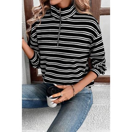 Black Stripe Textured Quarter Zip Collar Long Sleeve Top