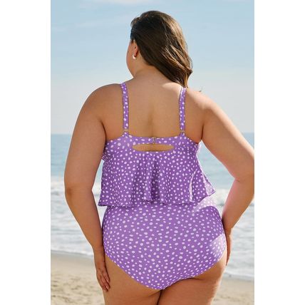 Purple Plus Size Polka Dot Print Ruffled Knotted V Neck Tankini Set