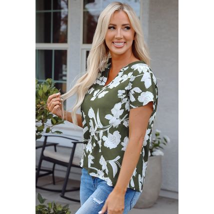 Green Floral Print Split Neck Short Sleeve Blouse