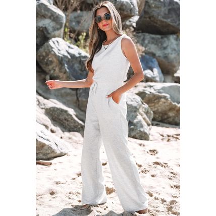 Light Grey Solid Color Crew Neck Drawstring High Waist Sleeveless Jumpsuit
