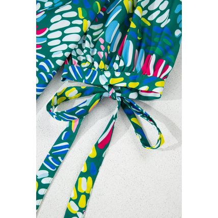 Green Abstract Print Knotted Short Sleeve Plus Size Blouse
