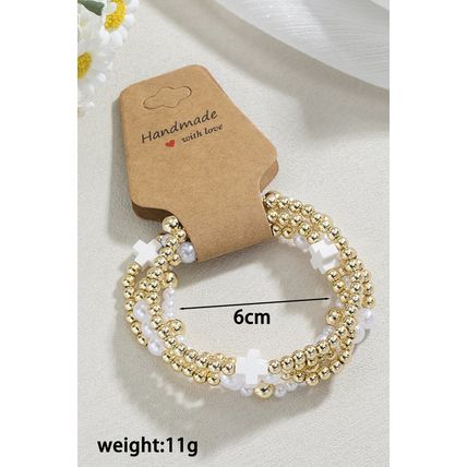 White Cross Pearl Decor Beaded Elastic Multi Layered Bracelet