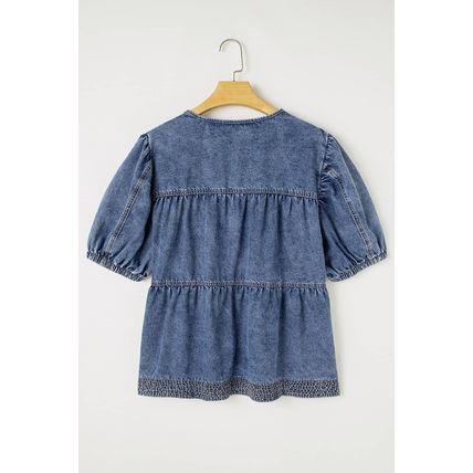 Sail Blue Plus Drawstring V Neck Puff Sleeve Denim Blouse