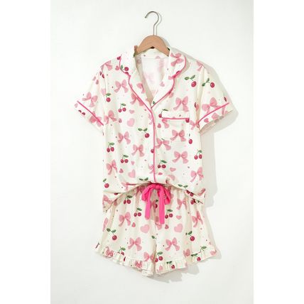 Beige Bow Fruit Print Contrast Pipping Short Pajamas Set