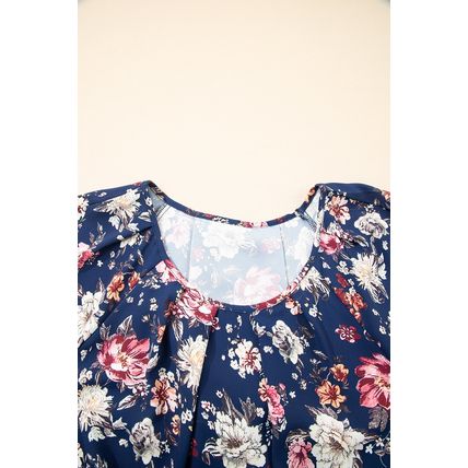 Blue Floral Short Sleeve Scoop Neck Casual Blouse